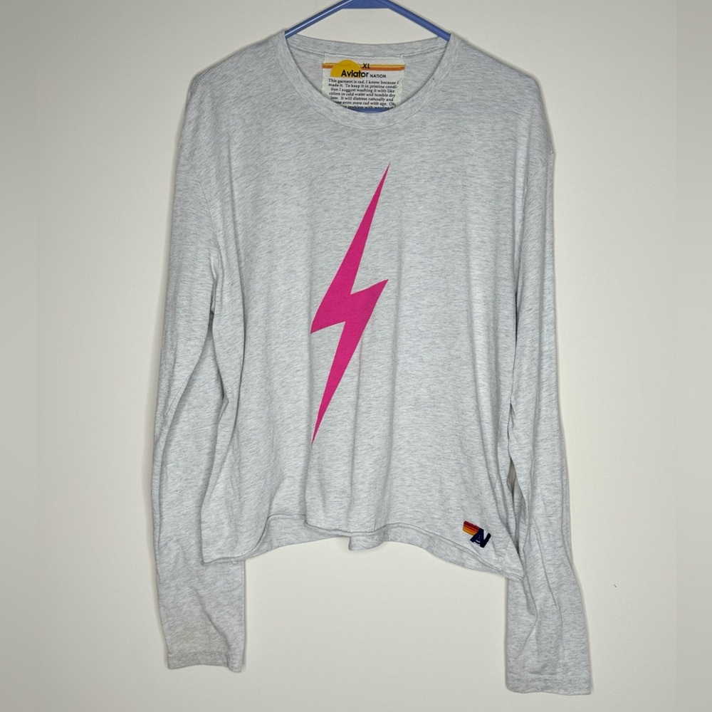 Aviator Nation Gray Long Sleeve Tee with Pink Lightning Bolt
